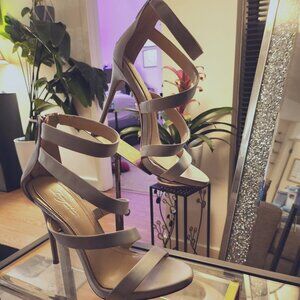 Vince Camuto Nude Silver Satin Strappy Stiletto Heels